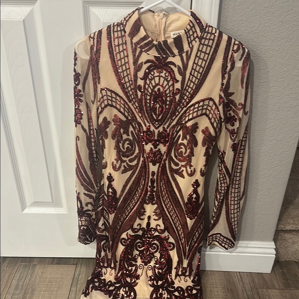 Elegant Sequin Embellished Dress - Red and Cream
